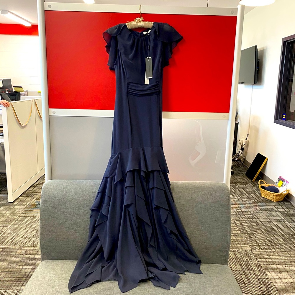 HALSTON Heritage Cape Sleeve Gown w/ Flounce Skirt